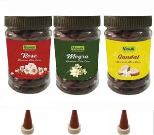vidhan Dhoop Cones Premium Jar 3x100Gm No Bamboo Dhoop Cones| ROSE MOGRA SANDAL Rose, Jasmine, Sandal Dhoop