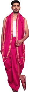 RAMESHWARAM FABRICS Dhoti for Men, Velcro Style Stitched Mens Silk Dhoti Pant Set, Free Size Solid Men Dhoti