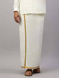 Ramraj Cotton Single layer Cream with 1/2 inch Gold Jari Border Solid Men Dhoti