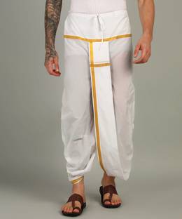 Shyam handloom Men's White Colour Panjakejam Readymade Golden Zari Border Dhoti Free size Silk Striped, Solid, Embroidered Men Dhoti