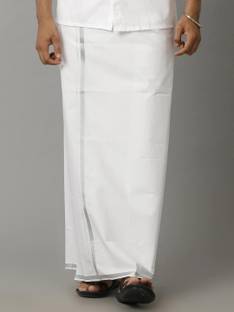 Ramraj Cotton Single Layer Cotton Blend White with 3/4 Silver Jari Border Solid Men Dhoti