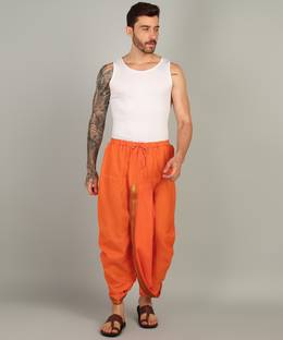 AKESHAVAM Mens Orange Colour Panjakejam Readymade Golden Zari Border Dhoti Free size Silk Embroidered, Striped, Solid Men Dhoti