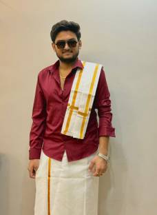 AKESHAVAM Solid White and Gold Pure Cotton Lungi, Ethnic Wear for Men Solid Men Dhoti