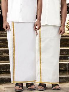 WHITE HEART White Heart Men Pack of 2 Pure Cotton Double Layer Dhoti with Gold Jari Border Solid Men Dhoti