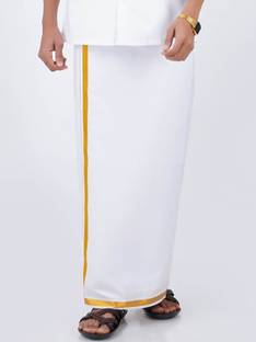Ramraj Cotton Single Layer White with 3/4 Gold Jari Border Solid Men Dhoti