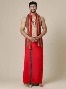 Ramraj Cotton Single Layer Red with Mayilkhan Border Devotional Solid Men Dhoti