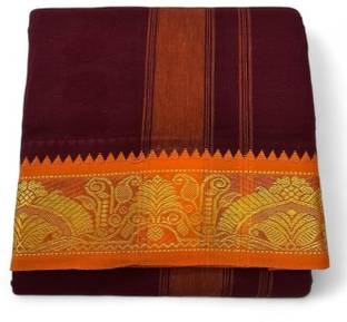 AMBIKASTORES Men's Traditional Cotton Dhoti with 3" Jacquard Polyester Border & Angavastram Solid Men Dhoti