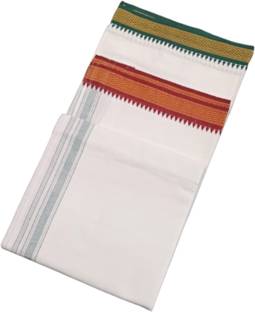 ADITYA TEX Men Cotton White single Dhoti With Twin color Boarders. Self Design Men Dhoti