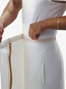 ZAAN FASHION 28 to 44 Inches welcro White Cotton Pocket Dhoti with Gold Jari Border Solid Men Dhoti