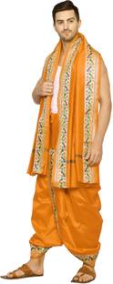 RAMESHWARAM FABRICS Men's Wedding Readymade , Paithani Style Stitched Silk Dhoti Pant Set, Free Size Woven Men Dhoti
