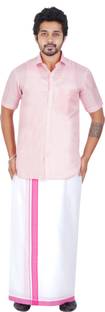 Prakasam Cotton Men's White Dobby Double(1.28x4.00mtr) with Self Design Border Solid Men Dhoti