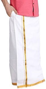 RAMESHWARAM FABRICS South Indian Readymade White Cotton Velcro Dhoti for men Solid Men Dhoti