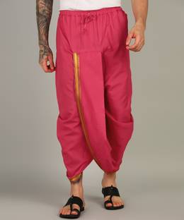 AKESHAVAM Mens Pink Colour Panjakejam Readymade Golden Zari Border Dhoti Free size Silk Embroidered, Striped, Solid Men Dhoti