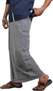 Prakasam Cotton Men's Kerala Style Thalapathi border Ash Colour Flexi Size Welcro Readymade with pocket Solid Men Dhoti