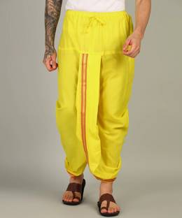 Shyam handloom Mens Yellow Colour Panjakejam Readymade Golden Zari Border Dhoti Free size Silk Striped, Solid, Embroidered Men Dhoti