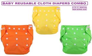 TINNY TOTS Pack of 3 Pocket Button Style Baby Reusable Cloth Diaper Nappies (Without Inserts) Washable Quick-Dry Adjustable All-In-One Diapers Wetfree For New Borns/Toddlers/Infants/New Borns(SMALL,YOG) - New Born