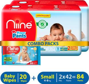 niine Combo of Baby Diaper Pants (S) Size (4-8 KG) 84 Pants with 20 Baby Wipes - S