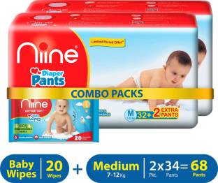 niine Combo of Baby Diaper Pants (M) Size (7-12 KG) 68 Pants with 20 Baby Wipes - M