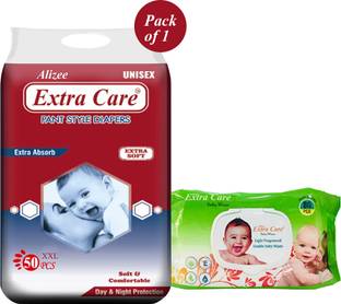 alizee Extra Care XXL size diaper 50 piece + Baby Wipes (80 wipes) - XXL
