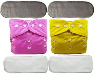 TINNY TOTS 2 Baby Reusable Cloth Diapers Button & 4 Bamboo Microfiber Inserts Quick Dry(PY) - L
