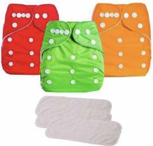 kogar All New Reusable Washable Red Green Orange Cloth Button Diaper With White 5 Layer Insert For Baby New Born To 2 Year (3 Diaper +3 Insert)#12 - M - L