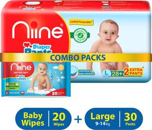 niine Combo of Baby Diaper Pants (L) Size (9-14 KG) 30 Pants with 20 Baby Wipes - L