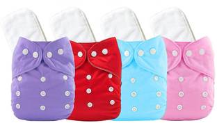 TINNY TOTS Premium Quality Fashionable Trendy Pack of 4 Baby Reusable Cloth Diapers All in One Adjustable Pocket Style Nappies Washable Durable With 4 Wet-Free White Microfiber Bamboo Insert Pads Combo(PUPIRBPI;MULTI-COLOR) - New Born