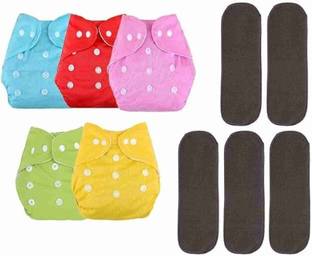 bluespunn Baby Washable Cloth Diaper Nappies with Wet-Free Inserts(5 + 5 Combo -10 Pieces) - New Born