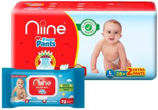 niine Baby Diaper Pants Size- Large (9-14 KG) 30 Pants with 72 Baby Wipes Combo - L