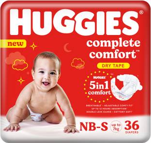 Huggies Newborn Small Size Complete Comfort Dry Baby Tape Diapers with 5 in 1 Comfort - S