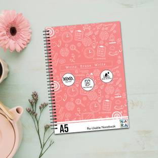 NARA Smart ReUsable Notebook, 2 Erasable pen, Coral Pink Cover, A5 Size A5 Diary No 20 Pages
