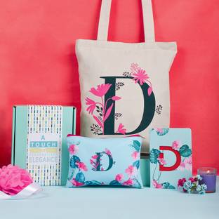 Doodle Monogram Diary Gift Set with Tote Bag and Pouch | Soft Bound Ruled B6 Notebook Stationery Gift Set for Girls and Women | Initial D - 192 Pages