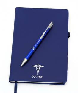 UJJi Doctor Logo Printed Navy Blue Click Metal Pen & Notebook for Doctors A5 Gift Set Ruled 186 Pages