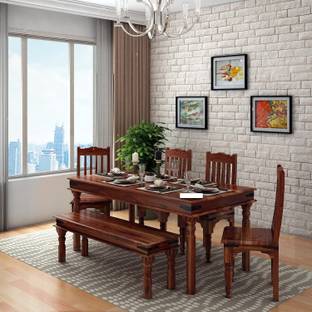 jangid Handicraft Premium Sheesham Wood 6 Seater Dining Table Set with 4 Chairs & 1 Bench for Home Solid Wood 6 Seater Dining Set