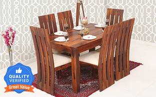 Custom Decor Solid Wood Foaster Dining Table Set Natural Teak Finish Solid Wood 6 Seater Dining Set