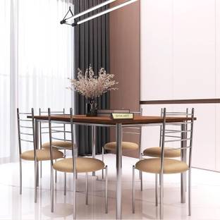 SIYA ART Stainless Steel Frame Wooden Top 6 Seater Dining Table Metal 6 Seater Dining Set