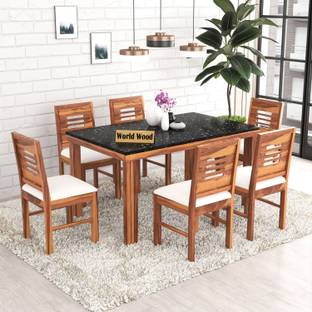 mp enterprises Wood Dining Set With Marble Table Top For House/Office Solid Wood 6 Seater Dining Set