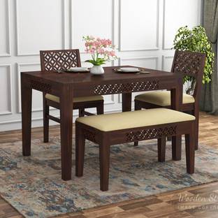 Mooncraft Furniture Dining Table with 2 Chairs & 1 Bench Solid Wood 4 Seater Dining Set