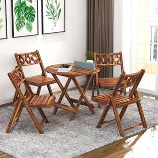 FLIPWOOD Wooden Folding Chairs of 4 Set with Round Table for Garden Balcony Cafe Use Solid Wood 4 Seater Dining Set