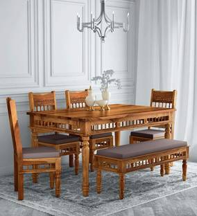 FURNISQUARE Solid Sheesham Wood 6 Seater Dining Set For Dining Room/ Hotel/ Kitchen Solid Wood 6 Seater Dining Set