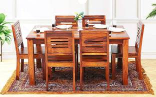 Deuba Solid Wood High Dining Table Set with Cushion Natural Teak Finish Solid Wood 6 Seater Dining Set