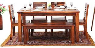 Divine Arts Solid Sheesham Wood 6 Seater Dining Table Set with 6 Chair & 1 Bench Wooden Solid Wood 6 Seater Dining Set