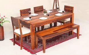 Taskwood Furniture Solid Sheesham Wood 6 Seater Dining Table With 4 Chairs, 1 Bench For Dining Room Solid Wood 6 Seater Dining Set