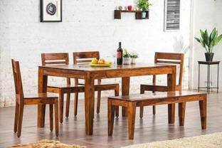 GOYALINTERIOR Sheesham Wood 6 Seater Dining Table with 4 Chairs and Bench Wooden Dinner Table Solid Wood 6 Seater Dining Set