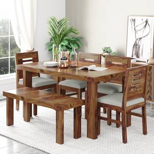 Taskwood Furniture Solid Sheesham Wood 6 Seater Dining Table With 4 Chairs, 1 Bench For Dining Room Solid Wood 6 Seater Dining Set