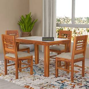 Douceur Furnitures Solid Wood White Marble Top Finish Four Seater Dining Set For Dining Room Solid Wood 4 Seater Dining Set