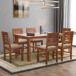 Taskwood Furniture Solid Wood White Marble Top Finish Six Seater Dining Set For Dining Room Solid Wood 6 Seater Dining Set