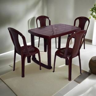 HELLO 4 Seater Dining Table Set for Home Garden Cafeteria Plastic 4 Seater Dining Set