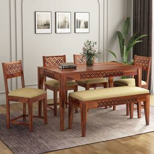 Mooncraft Furniture Wooden Dining Table with 4 Chairs & 1 Bench Solid Wood 6 Seater Dining Set