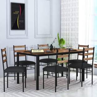 SIYA ART SIYA ART Wooden Top Iron Frame 6 Seater Dining Table with Cushioned Chair Metal 6 Seater Dining Set